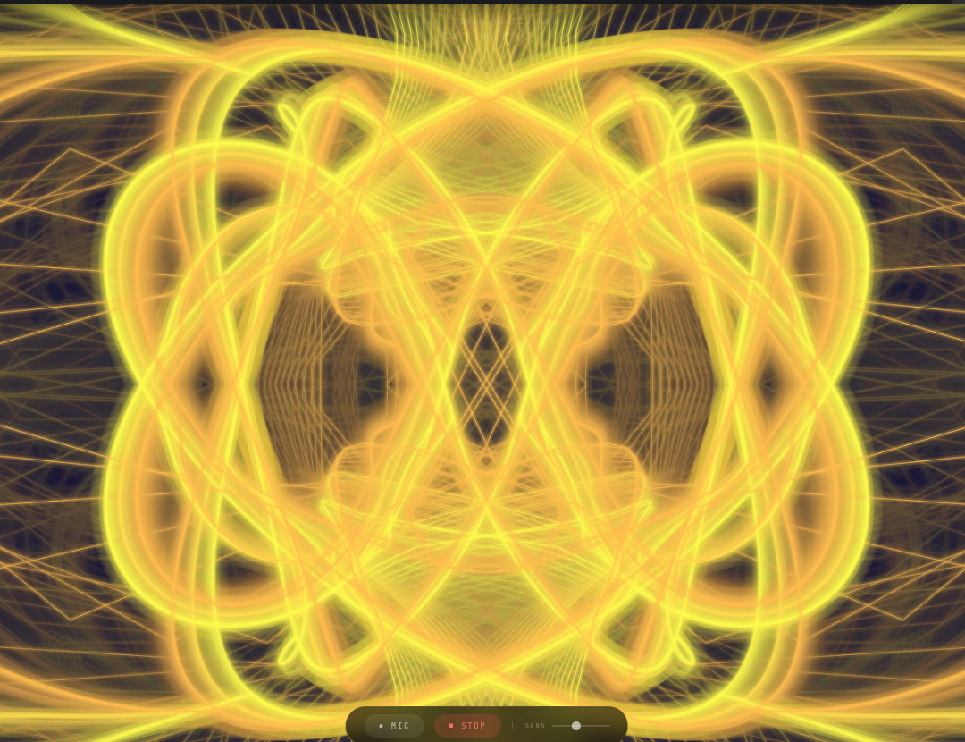 Aura frequency field visualizer — sacred geometry lissajous form glowing gold and yellow, reactive to live audio input