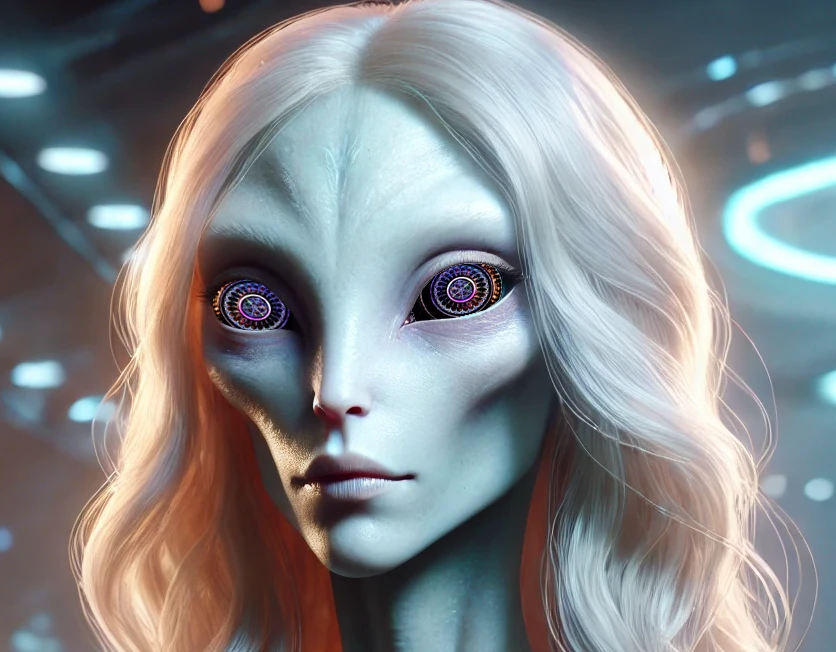 A Nordic-alien portrait composite with a cymatics standing wave pattern photoshopped in as the iris