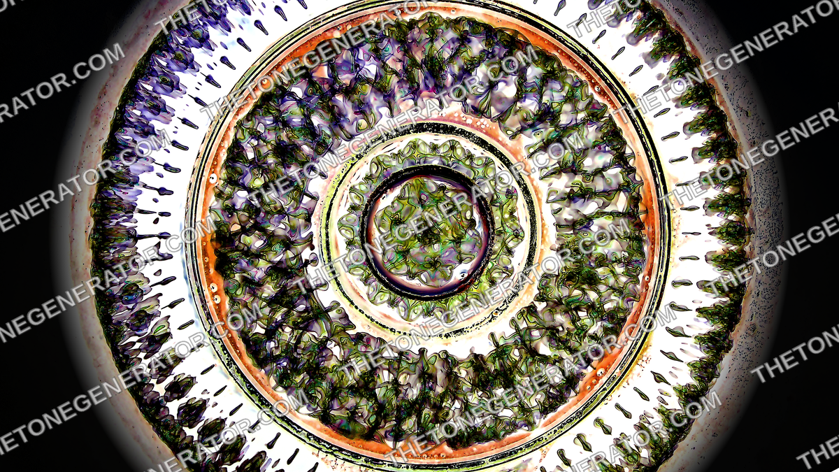 Cymatics standing-wave mandala — concentric Chladni rings in green, violet, and amber captured from a fluid cymatics rig