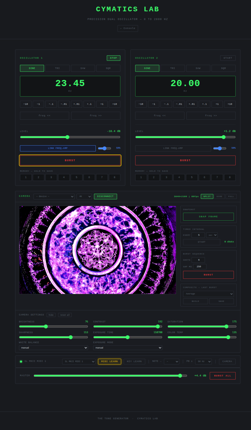 Cymatics Lab — dual precision oscillator with HD camera capture and composite blending