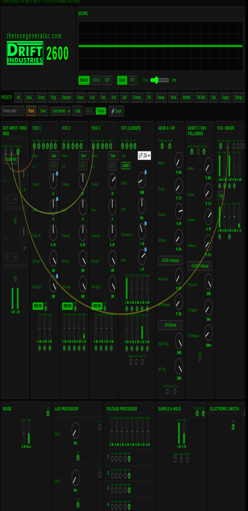 Drift 2600 — semi-modular synthesizer with patch cables and ladder filter