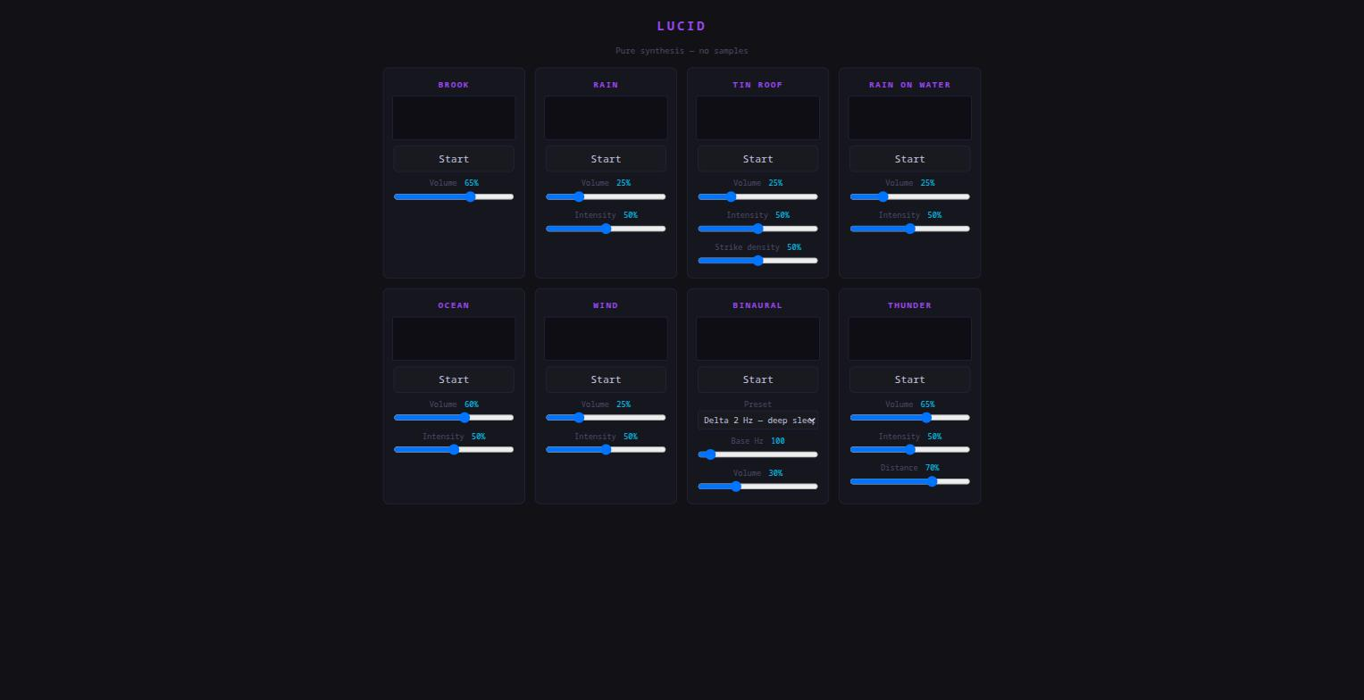 Lucid sleep sounds — pure Web Audio synthesis library with brook, rain, ocean, wind, and thunder scenes